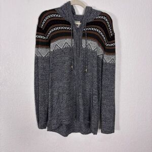 The Alpaca Connection Grey with Aztec Print Hooded Zip Up Sweater Size Large